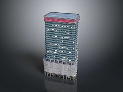 Contemporary High Rise Building Featuring Glass Curtain Walls Stone Base And Red Top 3d model