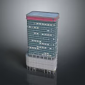 Contemporary High Rise Building Featuring Glass Curtain Walls Stone Base And Red Top
