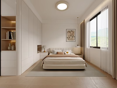 Modern Bedroom With White Wardrobes Built in Bookshelf Bedside Lamps Rug and Natural Light 3d model