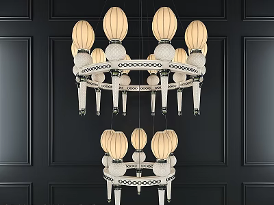 Elegant White Chandeliers With Lantern Shades And Intricate Woven Details On Dark Paneled Walls 3d model