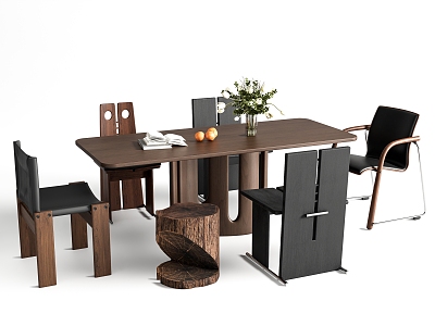 Modern Middle Ancient Solid Wood Dining Table and Chair Combination Dining Table Dining Chair Long Table 3d model