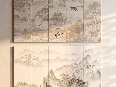 Chinese Style Soft Upholstery with Landscape Crane Patterns in Beige Gold Tones 3d model