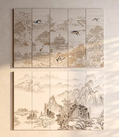 Chinese Style Soft Upholstery with Landscape Crane Patterns in Beige Gold Tones 3d model