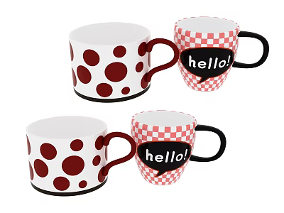 Set of Four Red and White Polka Dots and Checkered Mugs with Hello Text 3d model