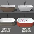 Various Freestanding Bathtubs in Brown White Gray Red with Flower Petals and Bath Mats