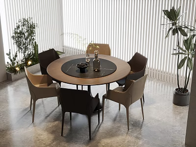 Modern Round Dining Table Set With Six Chairs And Green Plants In Bright Interior 3d model