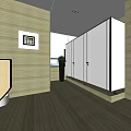 Public Restroom Interior With Wooden Walls Stalls Decorative Frames And Potted Plant