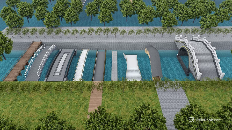 Scenic Landscape Bridge Designs With Water Greenery Trees And Walking Paths 3d model