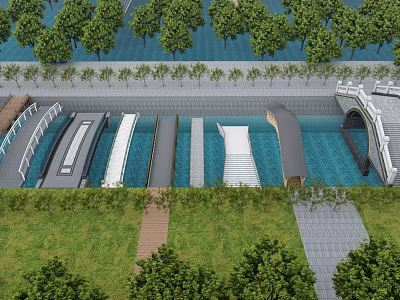 Scenic Landscape Bridge Designs With Water Greenery Trees And Walking Paths 3d model