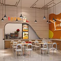 Modern Restaurant Interior With White Tables Chairs Pendant Lights And Orange Yellow Decorative Walls