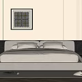Modern Double Bed With Upholstered Headboard Pillows Bedside Table Wooden Floor And Wall Art