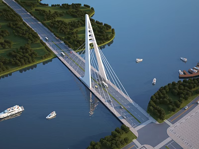 Modern Cable Stayed Bridge Over River With Greenery Boats Tall White Pylon And Road 3d model