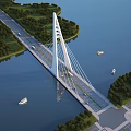 Modern Cable Stayed Bridge Over River With Greenery Boats Tall White Pylon And Road
