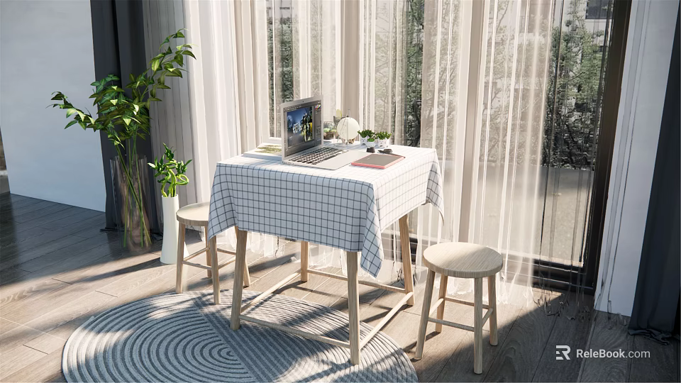 Cozy Home Table And Chairs Set With Checkered Tablecloth Laptop And Green Plant 3d model 