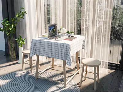 Cozy Home Table And Chairs Set With Checkered Tablecloth Laptop And Green Plant 3d model