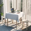 Cozy Home Table And Chairs Set With Checkered Tablecloth Laptop And Green Plant
