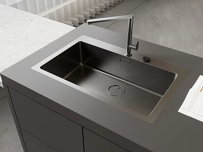 Modern Kitchen Sink Area With Stainless Steel Basin Gray Countertop And Faucet 3d model