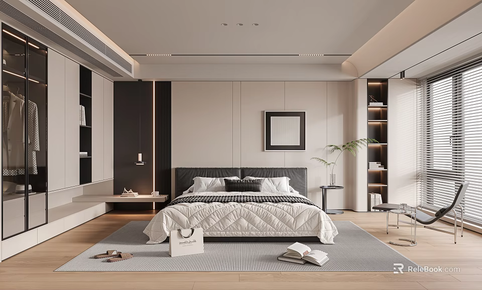 Modern Bedroom Interior With Quilted Bedspread Pillows Framed Artwork Area Rug And Wooden Flooring 3d model 