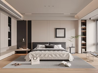 Modern Bedroom Interior With Quilted Bedspread Pillows Framed Artwork Area Rug And Wooden Flooring 3d model
