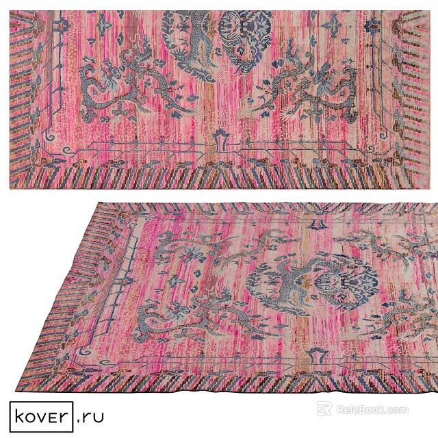 Pink And Blue Square Rug With Intricate Decorative Patterns And Fringed Edges 3d model 