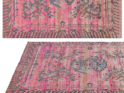 Pink And Blue Square Rug With Intricate Decorative Patterns And Fringed Edges 3d model