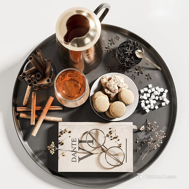 Elegant Tableware Set on Black Tray with Copper Coffee Pot Amber Drink Cookies and Spices 3d model 