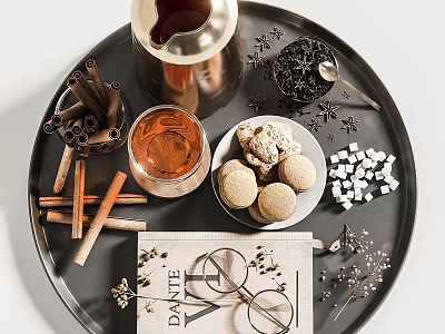 Elegant Tableware Set on Black Tray with Copper Coffee Pot Amber Drink Cookies and Spices 3d model