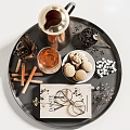 Elegant Tableware Set on Black Tray with Copper Coffee Pot Amber Drink Cookies and Spices