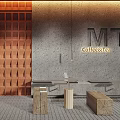 Modern Café Interior Design with MT CoffeeTea Sign Wooden Grid Wall Hanging Lights and Benches