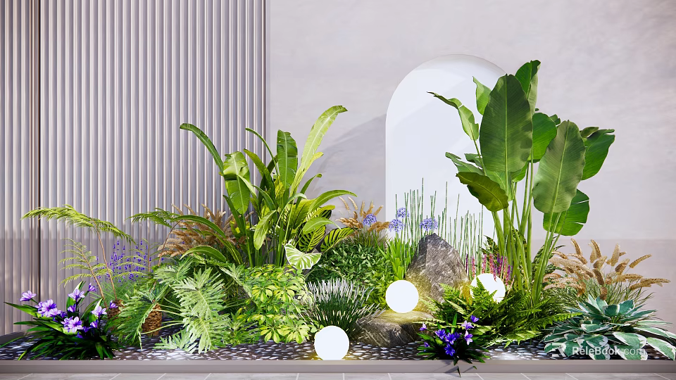 Lush Green Plants And Purple Flowers With Large Leaves Round Lights And Stone Decorations 3d model 