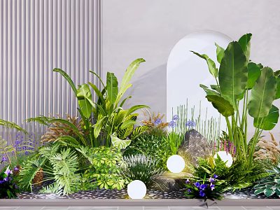 Lush Green Plants And Purple Flowers With Large Leaves Round Lights And Stone Decorations 3d model