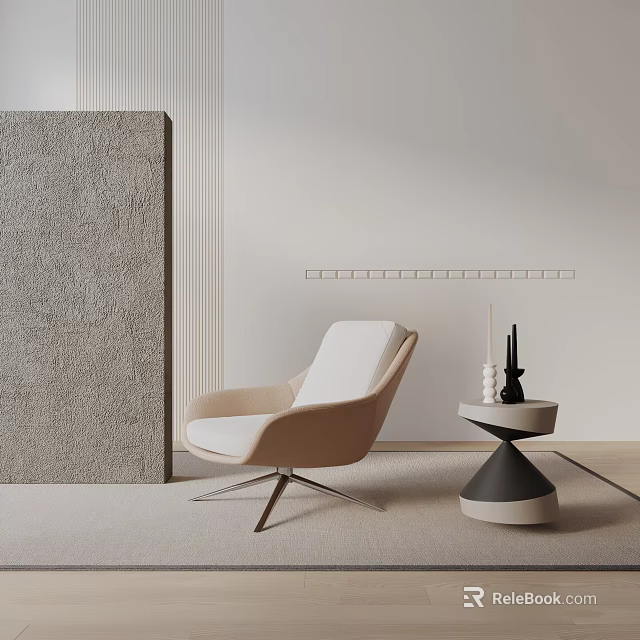 Modern Beige Leisure Chair With Side Table Decorative Vases And Textured Panel On Carpeted Floor 3d model 