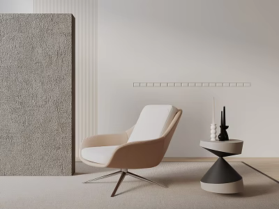 Modern Beige Leisure Chair With Side Table Decorative Vases And Textured Panel On Carpeted Floor 3d model