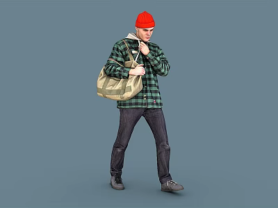 Man Wearing Red Beanie Green Plaid Shirt Dark Pants Dark Shoes With Beige Bag 3d model