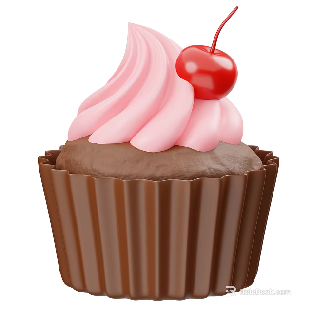 Delicious Chocolate Cupcake With Brown Paper Liner Pink Frosting And Cherry Topping 3d model 