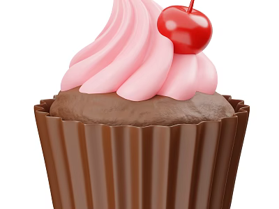 Delicious Chocolate Cupcake With Brown Paper Liner Pink Frosting And Cherry Topping 3d model