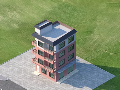 Detached Villa With Pink Exterior Three Floors Balconies Windows Black Roof And Green Lawn 3d model