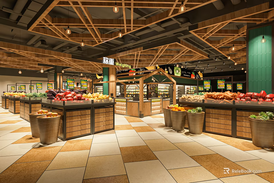 Supermarket Fresh Produce Display Area With Wooden Shelves Fruits Vegetables And Bright Lighting 3d model 