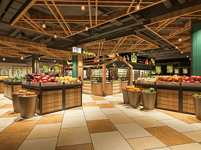 Supermarket Fresh Produce Display Area With Wooden Shelves Fruits Vegetables And Bright Lighting 3d model