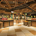 Supermarket Fresh Produce Display Area With Wooden Shelves Fruits Vegetables And Bright Lighting