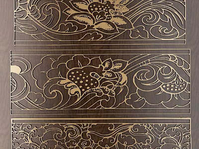 Intricate Traditional Floral And Wave Pattern Carving On Dark Wood Panel With Golden Details 3d model