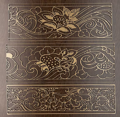 Intricate Traditional Floral And Wave Pattern Carving On Dark Wood Panel With Golden Details 3d model