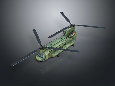 Green Camouflage Military Helicopter With Twin Rotor And Side View 3d model
