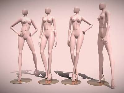 Four White Female Mannequins With Various Standing Poses On Display Bases 3d model