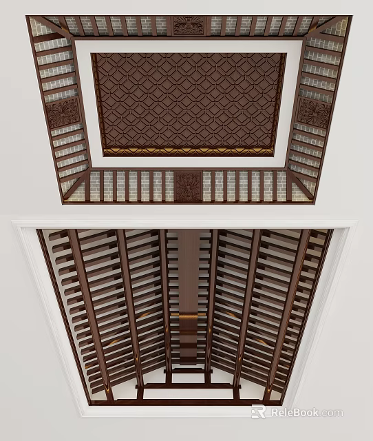 Decorative Ceiling Design Featuring Wooden Lattice And Brown Layered Patterns 3d model