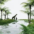 Giraffe and Baby Giraffe Shrub Sculptures in Green Grassland with Tall Palm Trees and Ferns