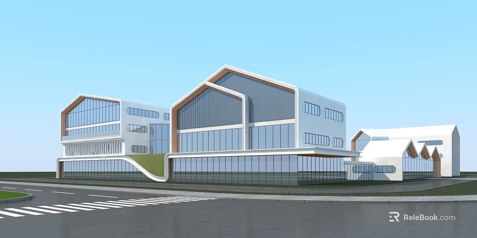 Modern School Building Featuring Large Glass Windows Geometric Roof And Green Roof Section 3d model 