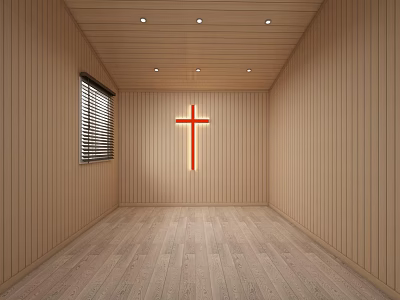 Elevator Hallway With Wooden Walls And Flooring Window Blinds Recessed Lights Red Cross 3d model