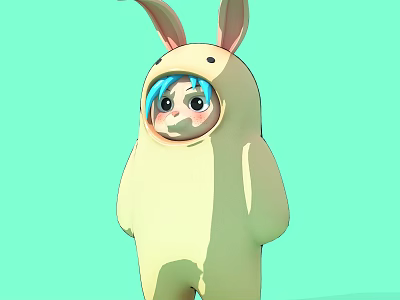 Game Movie Character In Rabbit Costume With Blue Hair And Cartoon Style 3d model