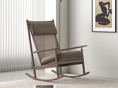 Modern Wooden Rocking Chair With Woven Backrest Gray Cushion White Curtains And Decorative Painting 3d model